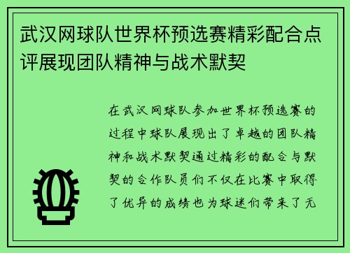 武汉网球队世界杯预选赛精彩配合点评展现团队精神与战术默契